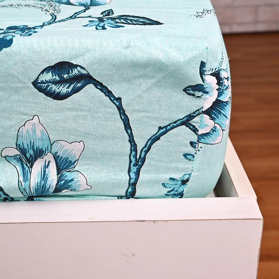 Divine Casa Floret 100% Cotton King Fitted Bedsheet 144 TC Deep Pocket Design Soft & Breathable Fabric Colour Winter Fern