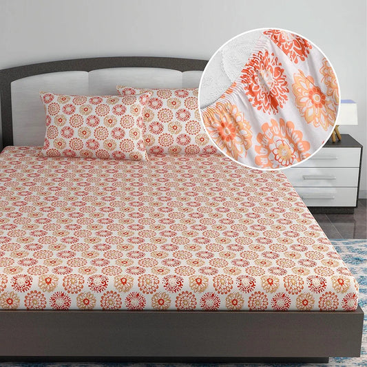 Divine Casa 144 TC 100% Cotton Floral Peach Ultrasoft King Size Bedsheet Cotton Elastic Fitted Pureed Pumpkin