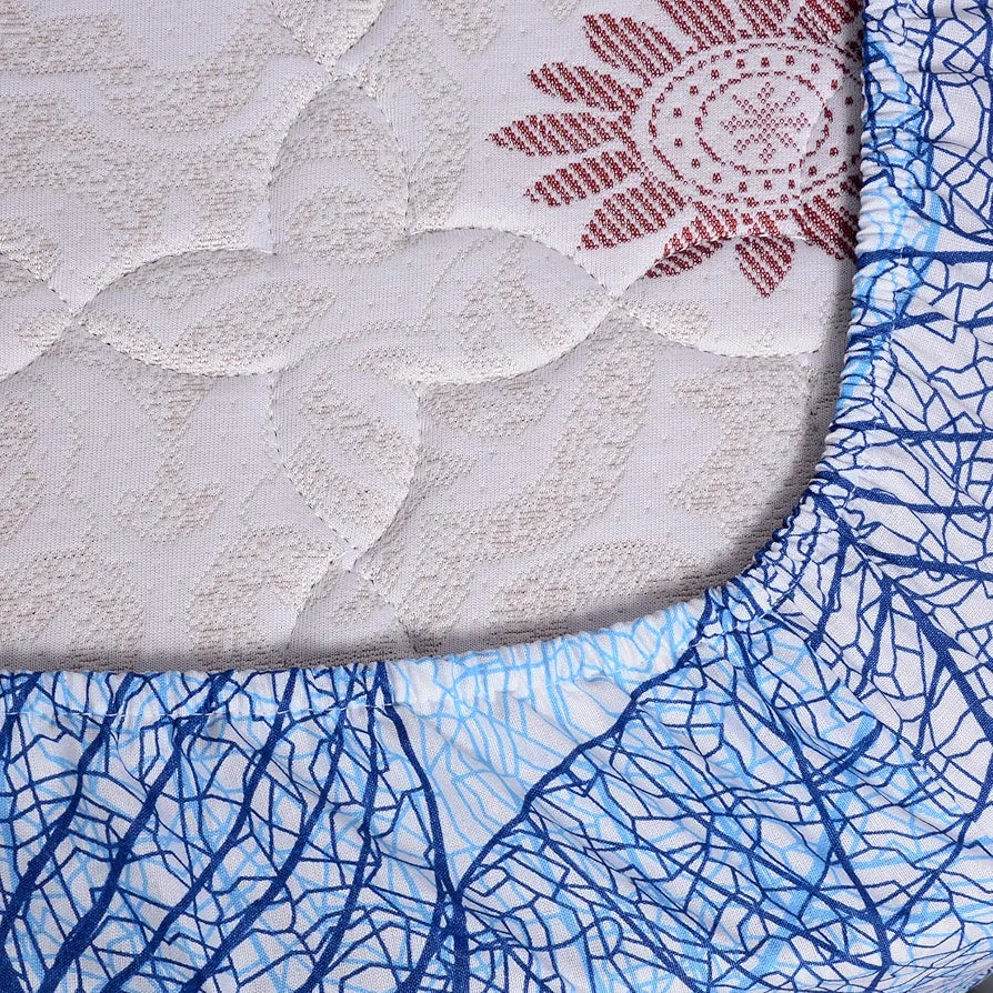 Divine Casa 144 TC Cotton Fitted Bedsheet for Single Bed 100% Cotton Floral Blue with 1 Pillow Cover Colour Iris Blue