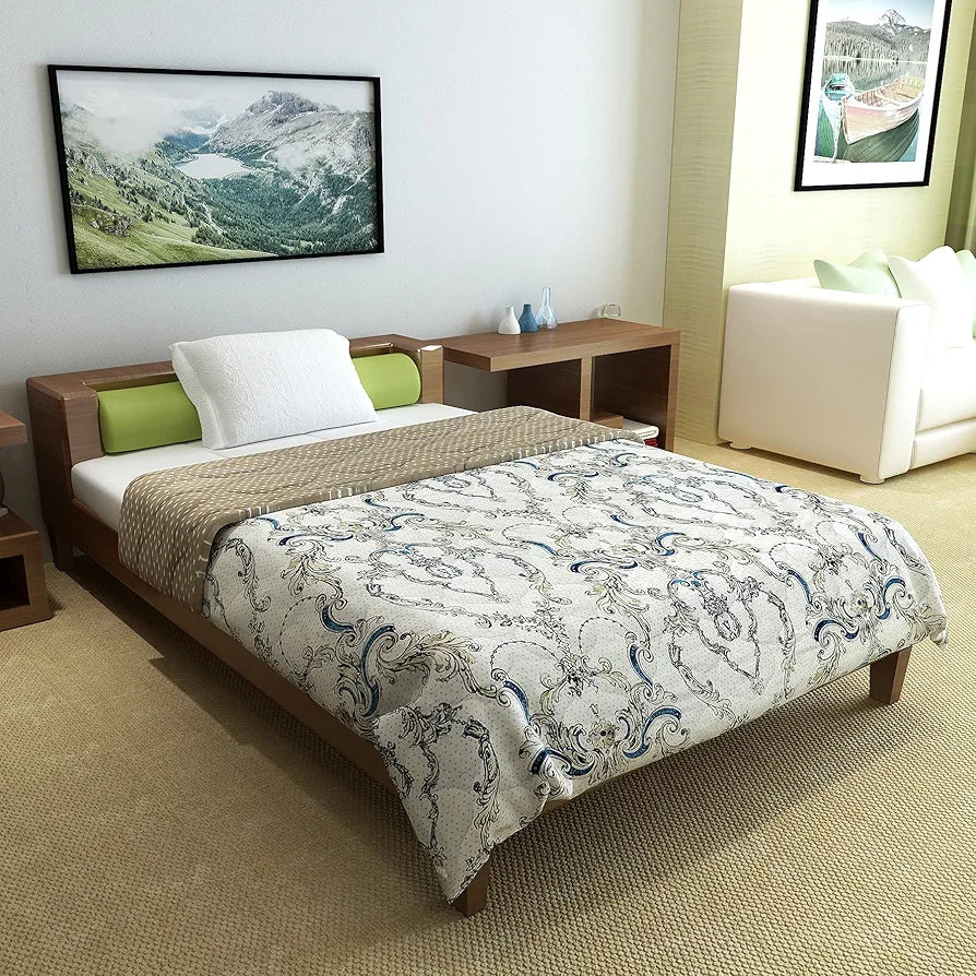 Divine Casa 120 GSM Microfiber Kalamkari Print Reversible Single Bed Comforter Soft Light Weight Quilt Blanket TC - 120 Colour Bison Beige