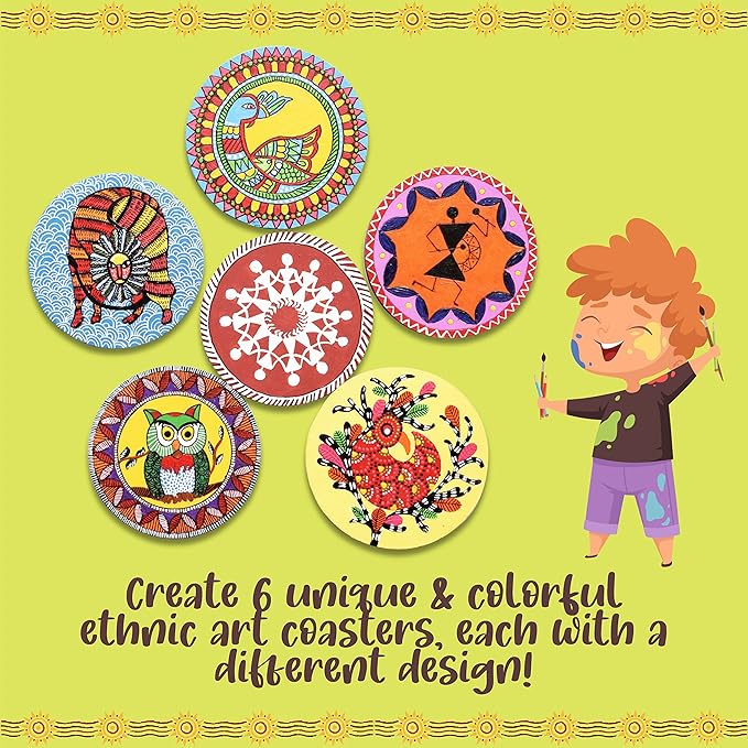 Kalakaram Paint Your Own Ethnic Art Coasters Diy Kit With Design Paint | Painting Set | Kit for Kids