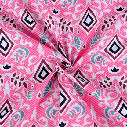 Divine Casa 144 TC 100% Pure Cotton Single Bedsheet with 1 Pillow Cover Geometric Petal Print Colour Pink Fuchsia