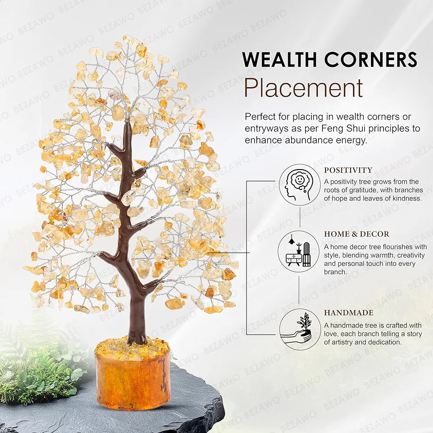 Bezavo Citrine Crystal Tree Feng Shui Money Tree Silver Wire for Prosperity & Vitality