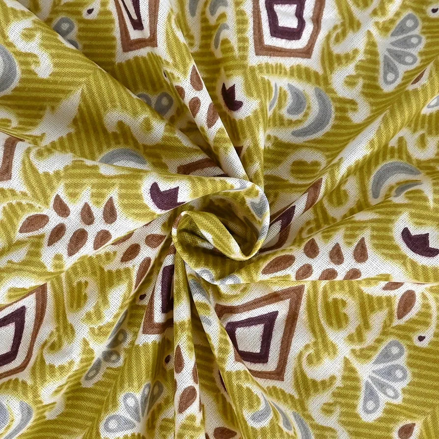 Divine Casa 144 TC 100% Pure Cotton Single Bedsheet with 1 Pillow Cover Ikat Diamond Print Colour Mustard Yellow
