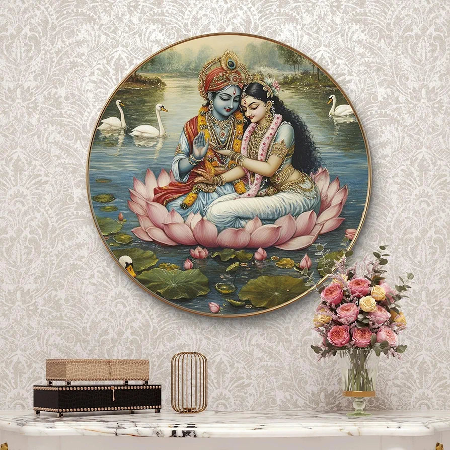 Livin'luxe Paintings Divine Radha Krishna on Lotus Wall Painting with Frame - Sparkle Glossy Round Golden Framed Large Painting