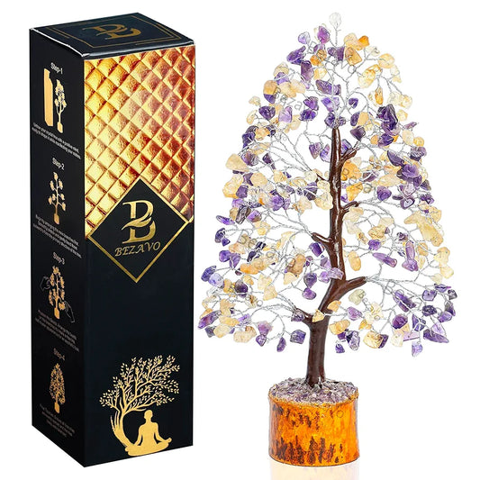 Bezavo Amethyst & Citrine Crystal Tree Feng Shui Seven Chakra Energy Tree – 10-12 Inch