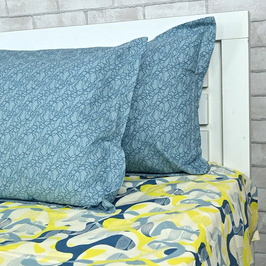 Divine Casa 144 TC 100% Pure Cotton Queen Size Double Bed Bedsheet with 2 Pillow Covers Geo Petals Colour Sky Blue Lemon