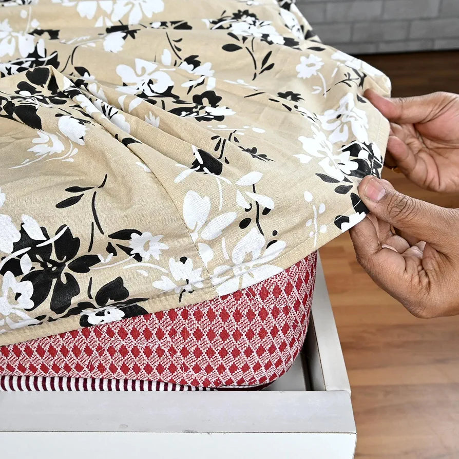 Divine Casa Floret 100% Cotton King Fitted Bedsheet 144 TC Deep Pocket Design Soft & Breathable Fabric Colour Ivory Sunflowers
