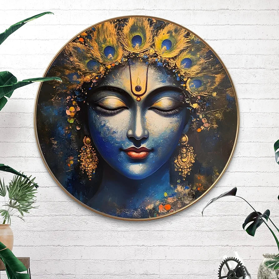 Livin'luxe Paintings Divine Blue Goddess Wall Painting with Frame - Sparkle Glossy Round Golden Framed Large Painting