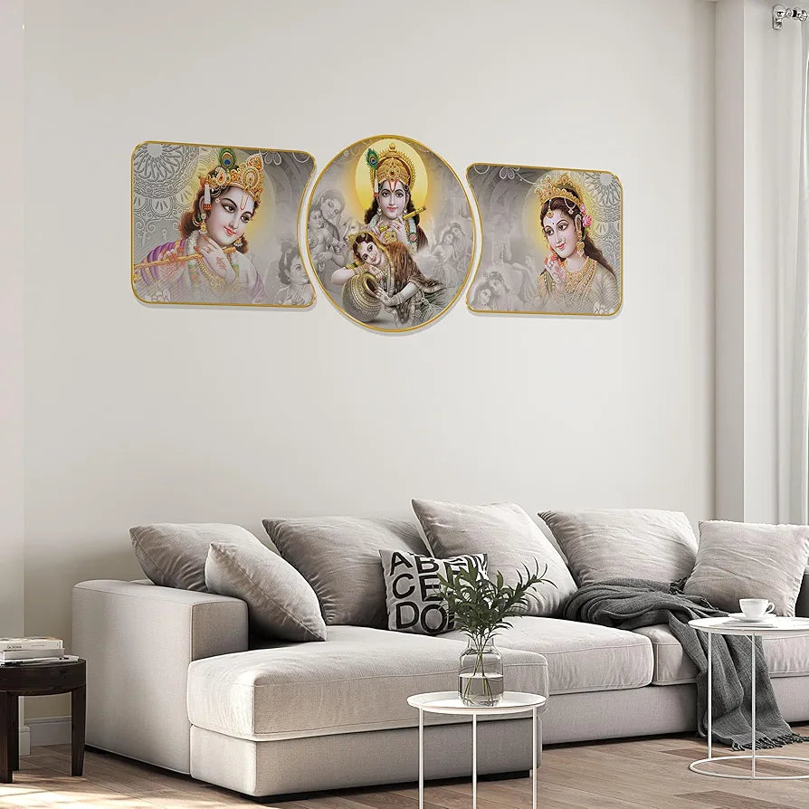 Livin'luxe Paintings Radha Krishna Religious Modern Art Premium Sparkle Lamination Finished Surface Golden Slim Frame RP-40