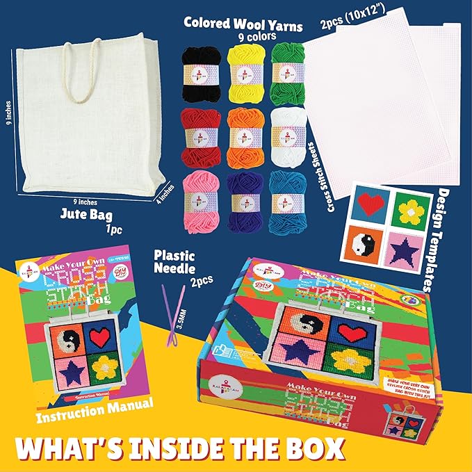 Kalakaram Make Your Own Cross Stitch Bag, Easy and Beginner Friendly Diy Cross Stitch Embroidery Kit | Kids Art and Craft Educational Kit