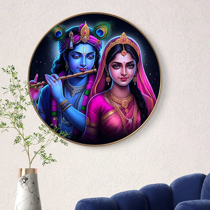 Livin'luxe Paintings Radha Krishna Divine Love Wall Painting with Frame - Sparkle Glossy Round Golden Framed Large GRM-204