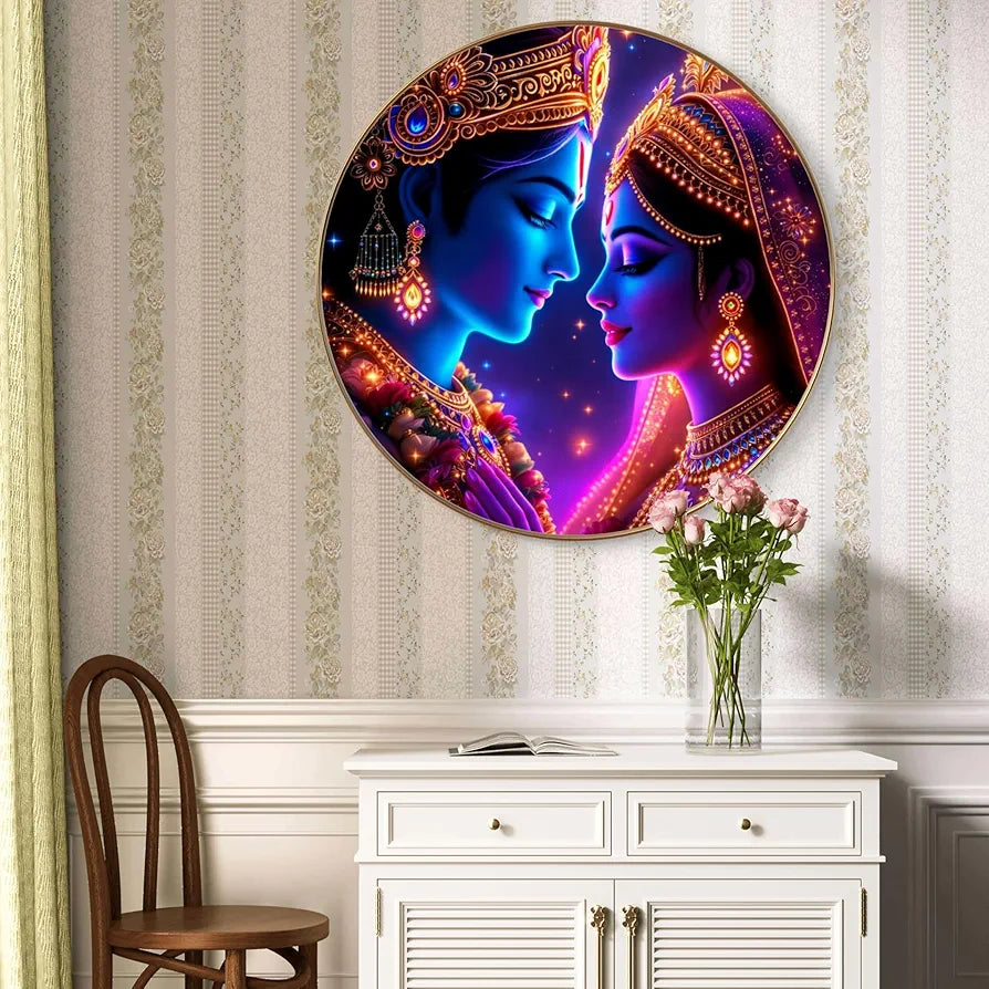 Livin'luxe Paintings Radha Krishna Divine Wall Painting with Frame - Sparkle Glossy Round Golden Framed Large