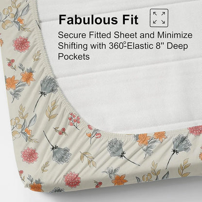 Fresh From Loom Floral Print 240 TC Microfiber King Size Fitted Bedsheet Set with 2 Pillow Covers Pastel Cream