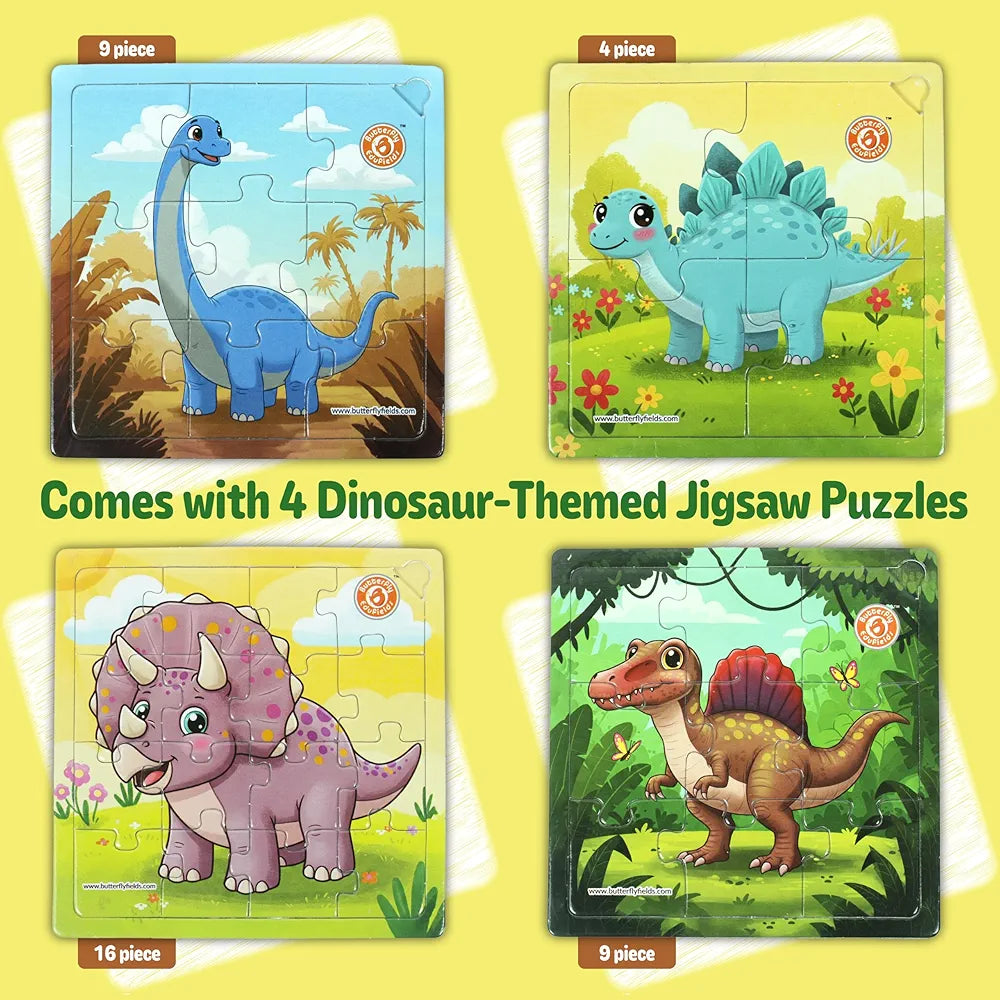 Butterfly EduFields 4-in-1 Dinosaur Jigsaw Puzzle Set for Kids | 38 Pcs Brain Boosting Puzzle Toy for Boys & Girls Age 3 4 5 6 7 | Preschool Learning with Coloring Sheets | Dino Gift for Kids