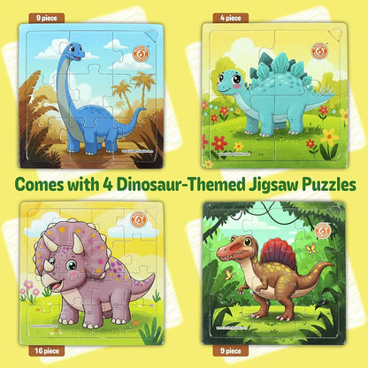 Butterfly EduFields 4-in-1 Dinosaur Jigsaw Puzzle Set for Kids | 38 Pcs Brain Boosting Puzzle Toy for Boys & Girls Age 3 4 5 6 7 | Preschool Learning with Coloring Sheets | Dino Gift for Kids