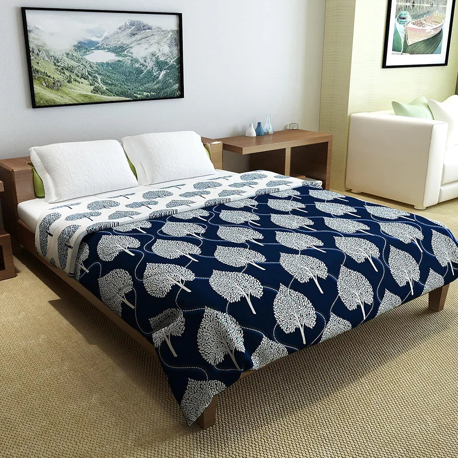 Divine Casa Reversible Double Bed Comforter 120 GSM Microfibre AC Blanket Floral Colour Clematis Blue