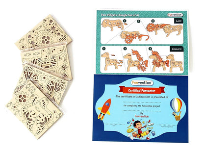 Funvention Engineered Jungle Wood Fun Fidgets DIY Miniature Mechanical Lion, Unicorn, Dino and Butterfly Models STEM Learning 3D Puzzle Kit -Set of 4