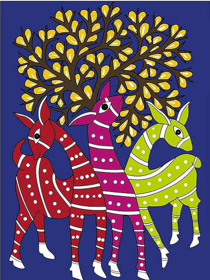 Hobby India Self Paint Beautiful Dear Canvas - Gond Art | Pre-designed Canvas Board