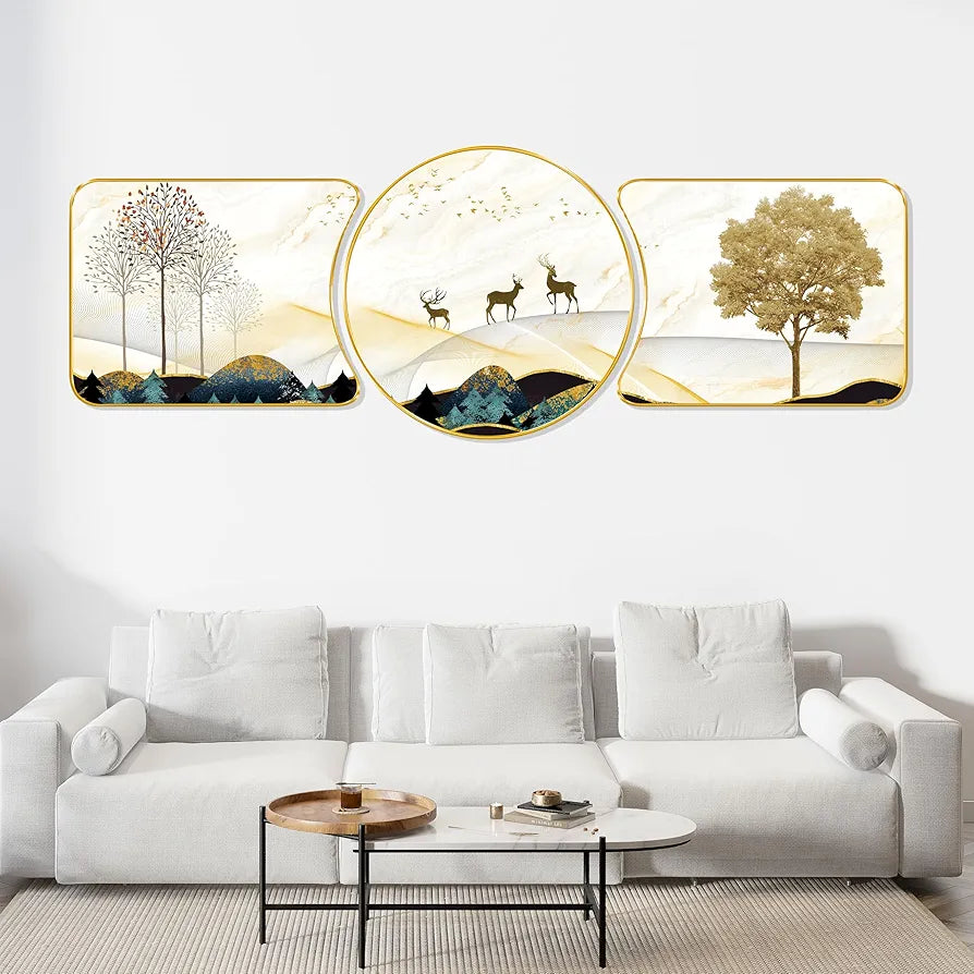 Livin'luxe Paintings Couple Deer Modern Art Premium Sparkle Lamination Finished Surface Golden Slim Frame RP-37