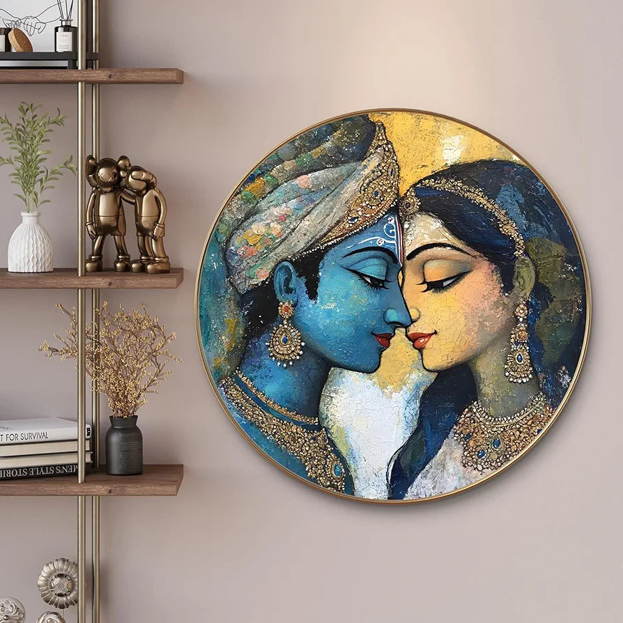 Livin'luxe Paintings Krishna and Radha Abstract Wall Painting with Frame - Sparkle Glossy Round Golden Framed Large