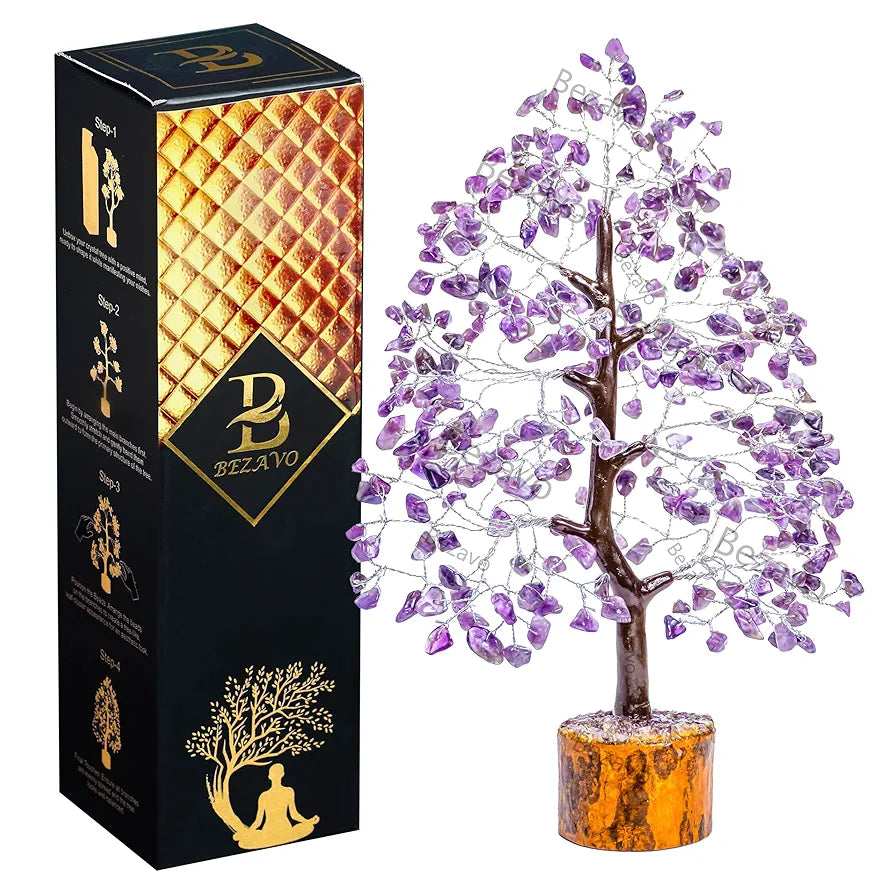Bezavo Amethyst Gemstone Crystal Tree – Good Luck Showpiece for Home Decor Bonsai Money Tree for Prosperity & Decoration – 10-12 Inch