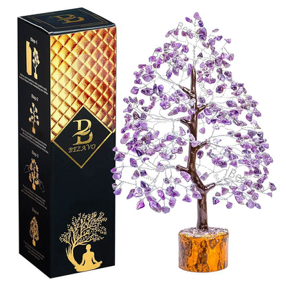 Bezavo Amethyst Gemstone Crystal Tree – Good Luck Showpiece for Home Decor Bonsai Money Tree for Prosperity & Decoration – 10-12 Inch