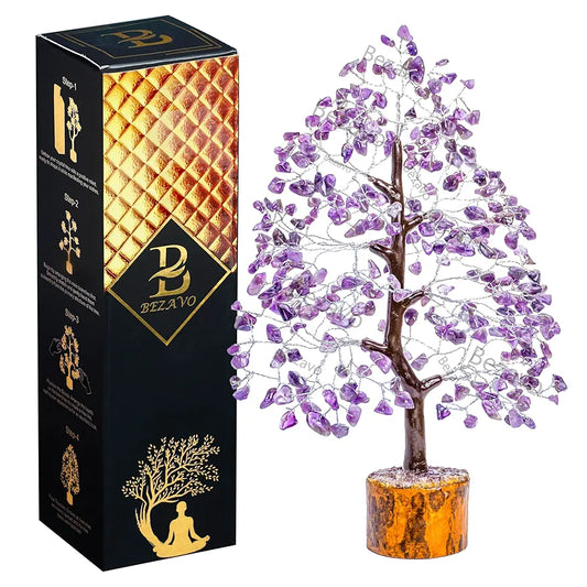 Bezavo Amethyst Gemstone Crystal Tree – Good Luck Showpiece for Home Decor Bonsai Money Tree for Prosperity & Decoration – 10-12 Inch