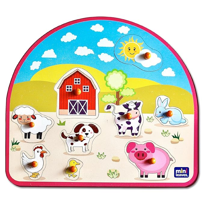 Mini Leaves Animal Barnyard Wooden Pegged Puzzle for 2+ Years Kids | Montessori Wooden Toys | Shape Sorter