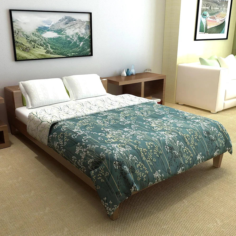 Divine Casa Microfibre All Weather Lightweight 120 GSM Printed Reversible Double Bed Quilt Comforter Blanket TC - 144 Colour Light Grey and White