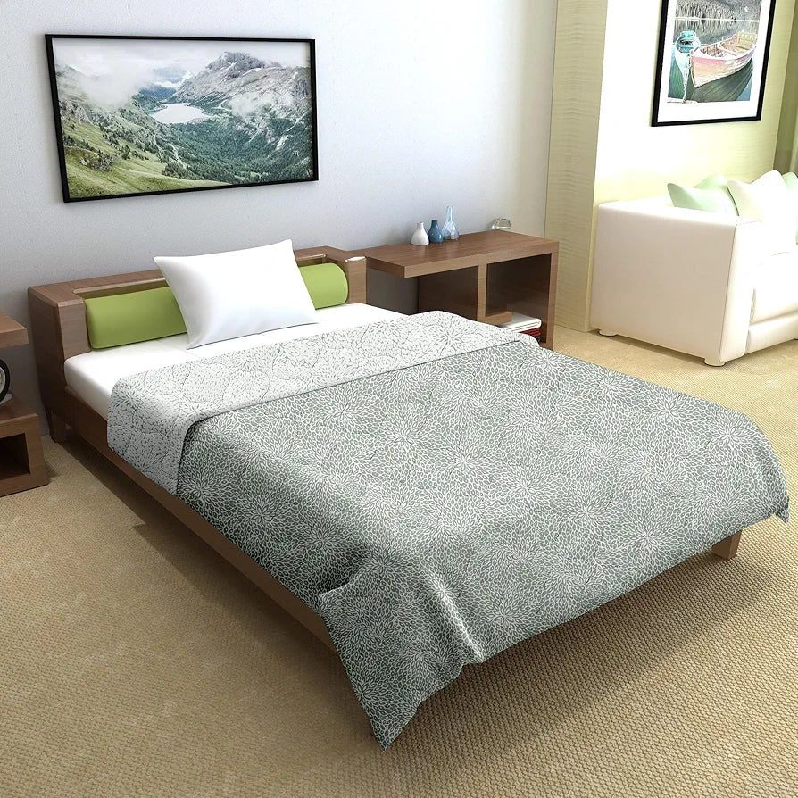 Divine Casa Microfibre All Weather Lightweight 120 GSM Printed Reversible Single Bed Size Quilt Comforter Blanket TC - 120 Colour Silvery and White