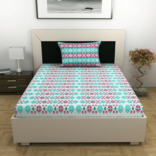 Divine Casa 144 TC Cotton Bedsheet for Single Bed with 1 Pillow Cover Colour Aqua Scarlet