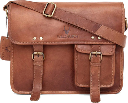 WildHorn® Classic Leather 13.5 inch Laptop Messenger Bag for Men I Office Bags I Travel Bags I Adjustable Strap I DIMENSION: L- 13 inch H- 10 inch W- 3.5inch