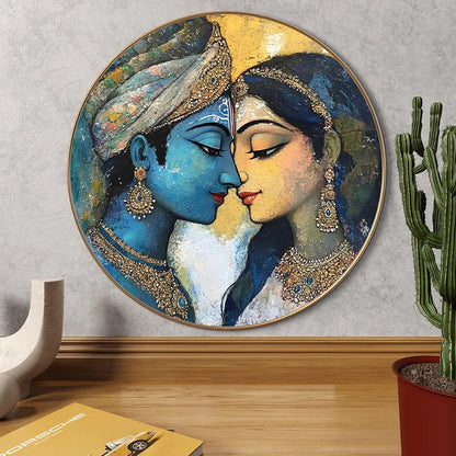 Livin'luxe Paintings Krishna and Radha Abstract Wall Painting with Frame - Sparkle Glossy Round Golden Framed Large