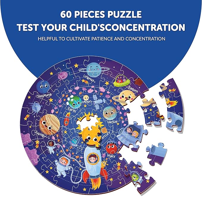 Mini Leaves 60 Piece Wooden Puzzle for Kids & Adults | Round Space Jigsaw Puzzle | Fun & Challenging Wooden Floor Puzzle Game