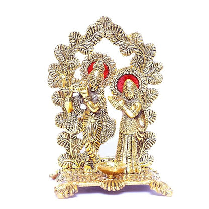 KridayKraft Radha Krishna Standing Playing Flute Metal Statue Gold Antique Finish for Pooja