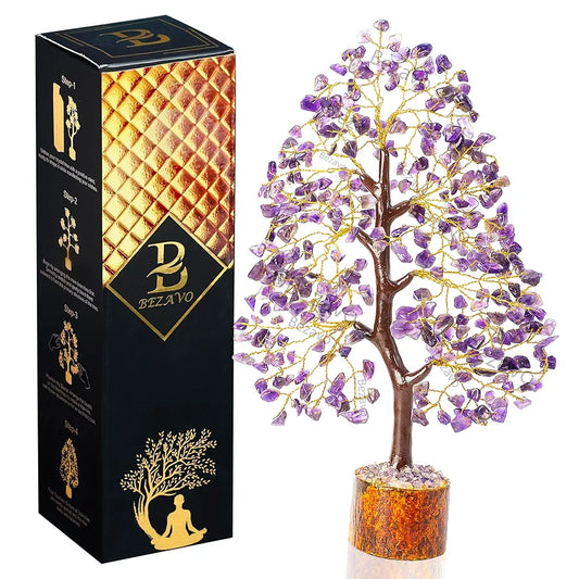 Bezavo Amethyst Gemstone Crystal Bonsai Tree – Good Luck Money Tree for Home & Office Decor  10-12 Inch
