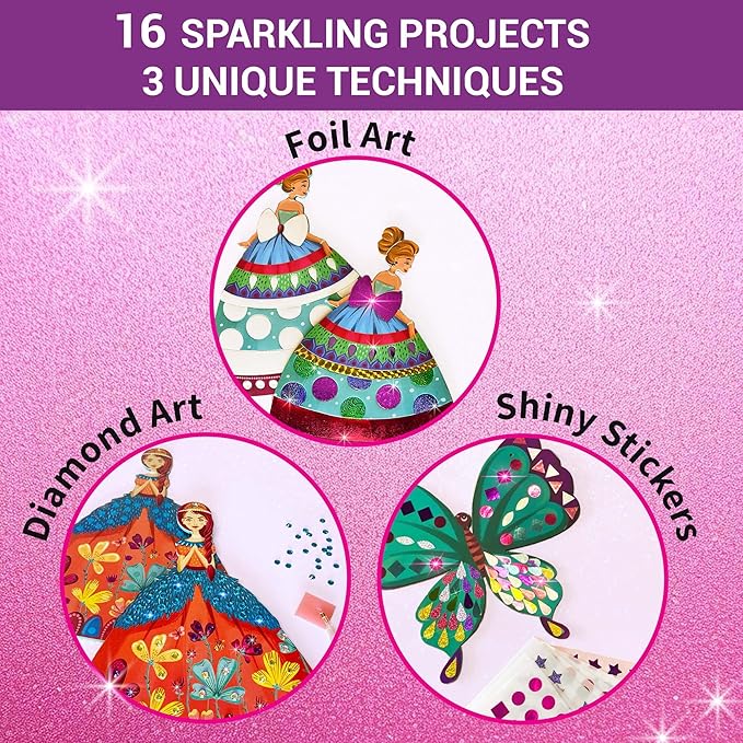 Chalk and Chuckles Art and Craft Kit | Sparkle & Shine Unicorn & Princess | Mess-free Foil Art and Diamond Painting Set