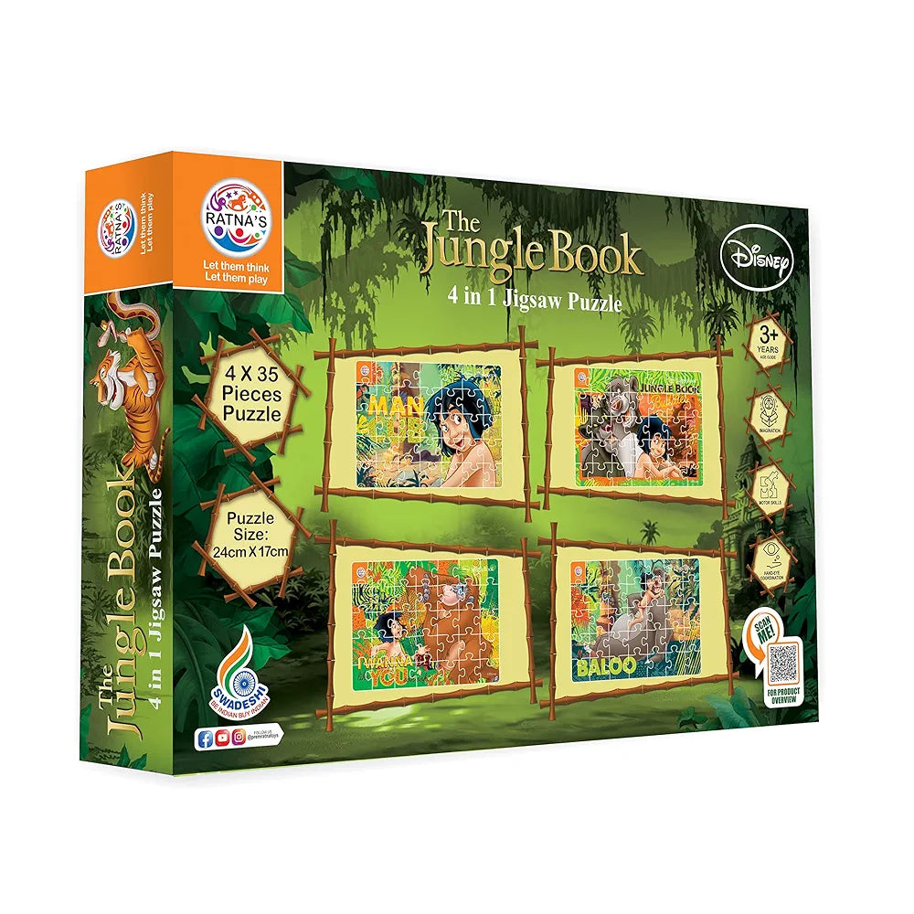 Ratna's 4in1 Jungle Book Jigsaw Puzzle Size 24cm x 17cm - Mowgli, Bagheera, Baloo, etc - 140 Pieces  Toy for Kids 3+ Years