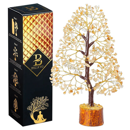 Bezavo Citrine Crystal Tree of Life Feng Shui Money Tree Golden Wire for Positive Energy & Success