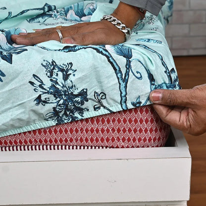 Divine Casa Floret 100% Cotton King Fitted Bedsheet 144 TC Deep Pocket Design Soft & Breathable Fabric Colour Winter Fern