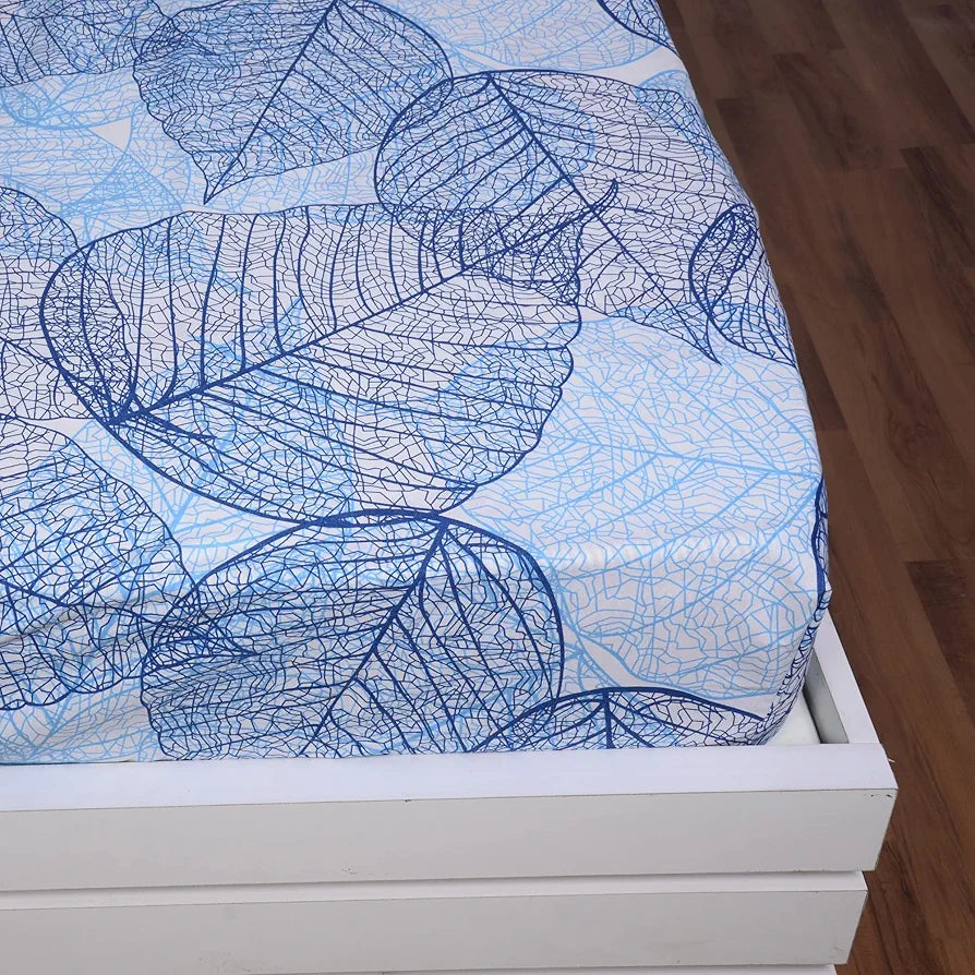 Divine Casa 144 TC Cotton Fitted Bedsheet for Single Bed 100% Cotton Floral Blue with 1 Pillow Cover Colour Iris Blue