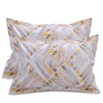 Huesland by Ahmedabad Cotton 144 Tc Cotton King Size Bedsheet With 2 Pillow Covers - Grey, Yellow & White