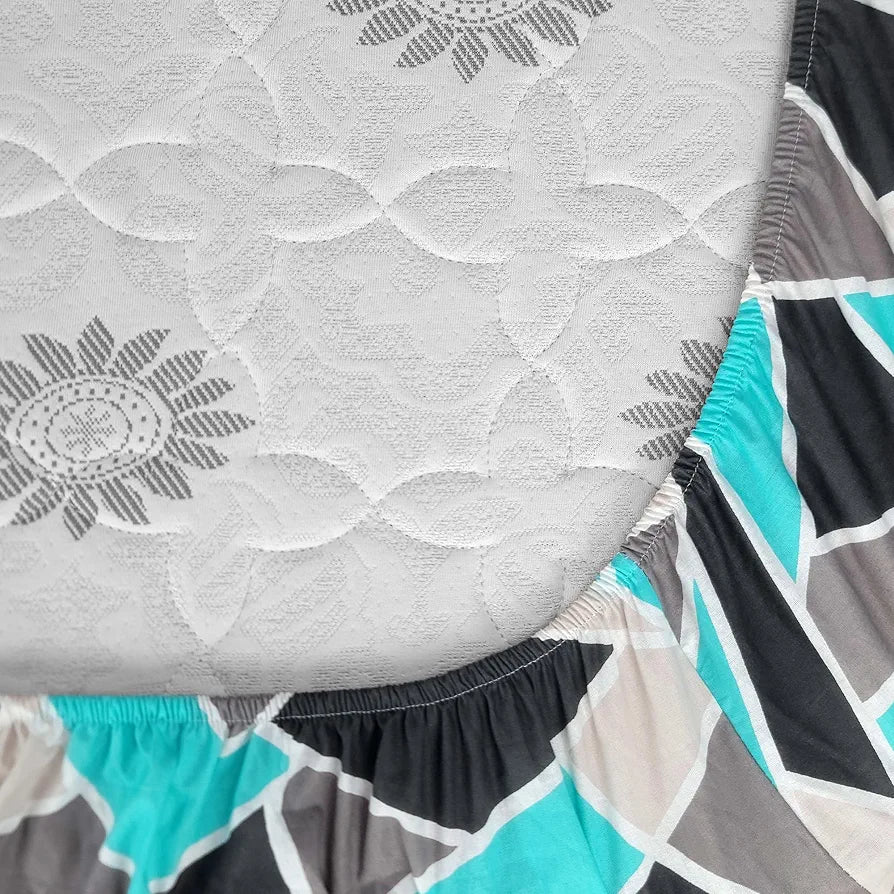 Divine Casa 144 TC 100% Cotton Abstract Print Blue Ultra Soft Fitted Bedsheet Single Bed Elastic Fitted Bedsheets Single Bed Colour Crystal Teal