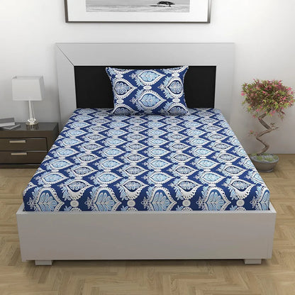 Divine Casa 144 TC 100% Cotton Single Bedsheet with 1 Pillow Cover Floral Pattern Colour Dazzling Blue