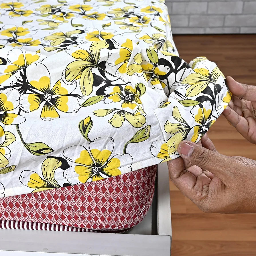 Divine Casa Floret 100% Cotton King Fitted Bedsheet 144 TC Deep Pocket Design Soft & Breathable Fabric Colour Daffodil Yellow