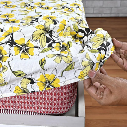 Divine Casa Floret 100% Cotton King Fitted Bedsheet 144 TC Deep Pocket Design Soft & Breathable Fabric Colour Daffodil Yellow