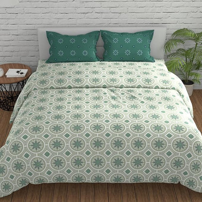 Huesland by Ahmedabad Cotton 144 TC King Size Bedsheet Cotton with 2 Pillow Covers | Mandala | Dark Green & Light Green
