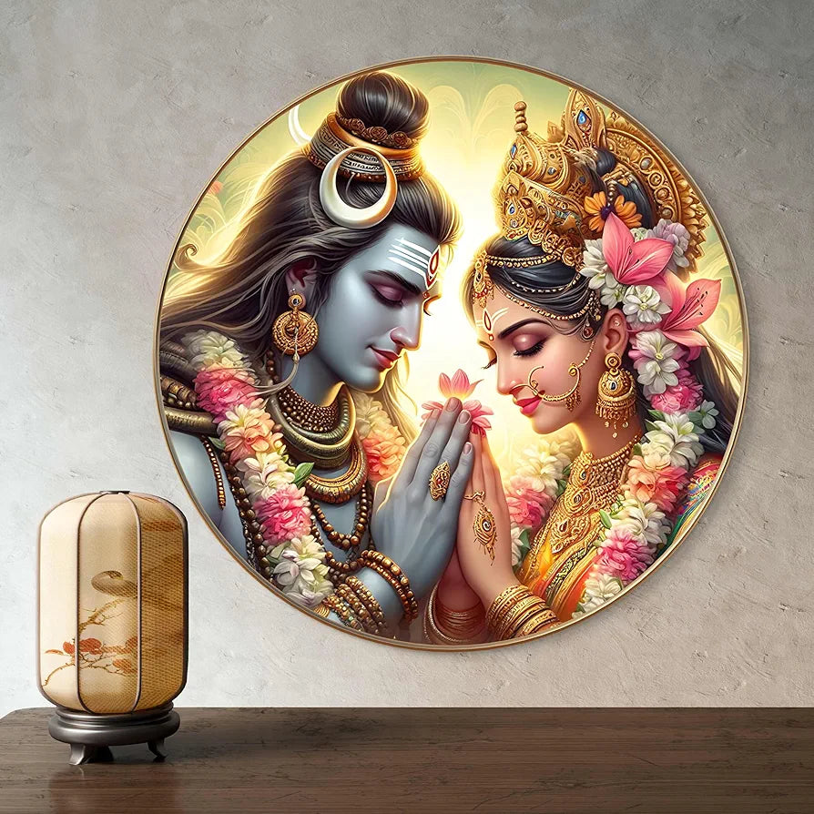 Livin'luxe Paintings Divine Shiva Parvati Wall Painting with Frame - Sparkle Glossy Round Golden Framed Large