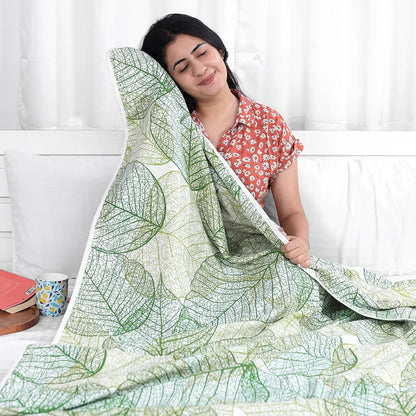 Divine Casa 120 GSM Glace Cotton Single Bed Dohar Lightweight AC Blanket Reversible Leaf Print Quilt Colour Garden Green